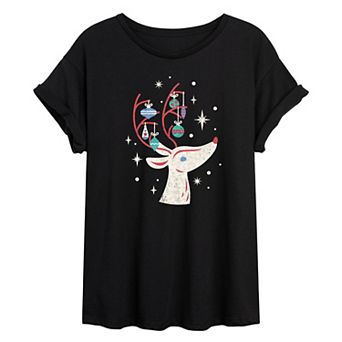 Juniors' Ornament Reindeer Oversized Tee