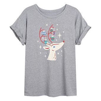 Juniors' Ornament Reindeer Oversized Tee