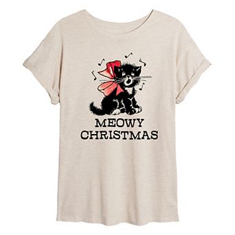 Juniors' Vintage Meowy Christmas Oversized Tee