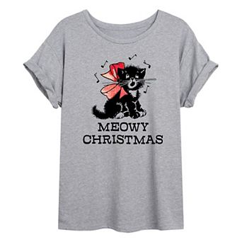 Juniors' Vintage Meowy Christmas Oversized Tee