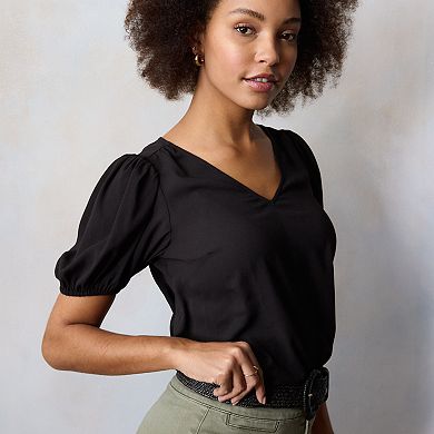 Women's LC Lauren Conrad Short Puff Sleeve V-Neck Woven Top