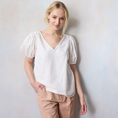 Women's LC Lauren Conrad Puff-Sleeve Top, Size: Large, Lt Beige 