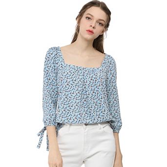 Women's Tie Cuffs 3/4 Sleeves Square Neck Floral Leisure Blouse