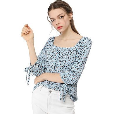 Women's Tie Cuffs 3/4 Sleeves Square Neck Floral Leisure Blouse