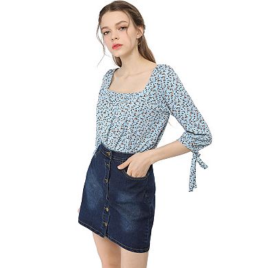 Women's Tie Cuffs 3/4 Sleeves Square Neck Floral Leisure Blouse