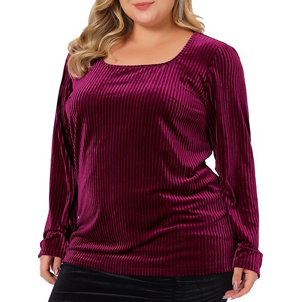Plus Size Velvet Tops for Women Square Neck Pullover Long Sleeve Tunics ...