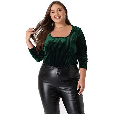 Women's Plus Size Velvet Tops Square Neck Pullover Long Sleeve Tunics T-shirt Blouse