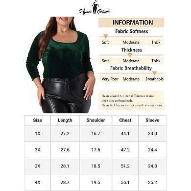 Women's Plus Size Velvet Tops Square Neck Pullover Long Sleeve Tunics T-shirt Blouse