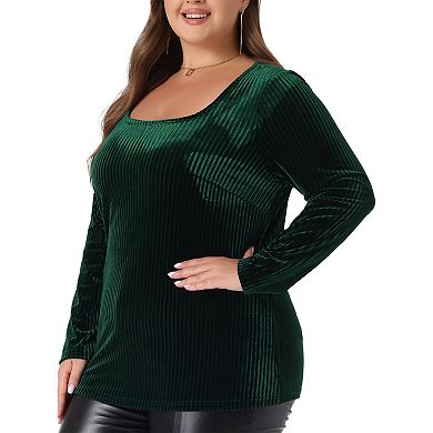 Women's Plus Size Velvet Tops Square Neck Pullover Long Sleeve Tunics T-shirt Blouse