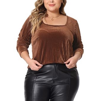 Women's Plus Size Velvet Tops Square Neck Pullover Long Sleeve Tunics T-shirt Blouse