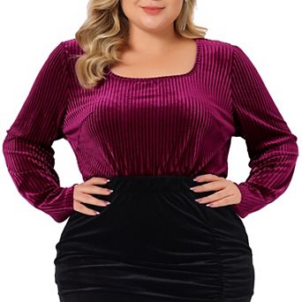 Women's Plus Size Velvet Tops Square Neck Pullover Long Sleeve Tunics T-shirt Blouse