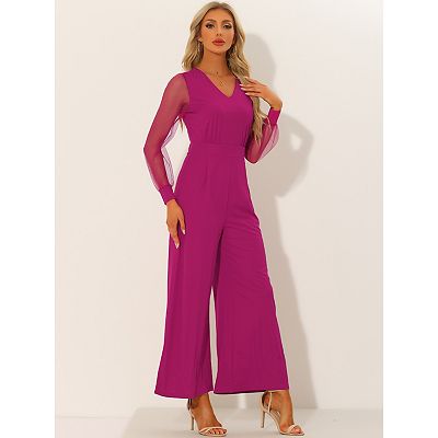 Women's V Neck Mesh Long Sleeve Loose Wide Leg Romper Party Jumpsuits