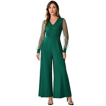 Women's V Neck Mesh Long Sleeve Loose Wide Leg Romper Party Jumpsuits