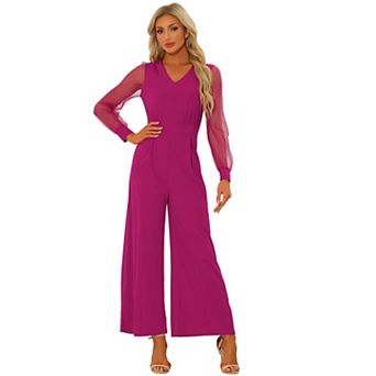 Women's V Neck Mesh Long Sleeve Loose Wide Leg Romper Party Jumpsuits