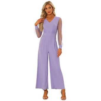 Women's V Neck Mesh Long Sleeve Loose Wide Leg Romper Party Jumpsuits