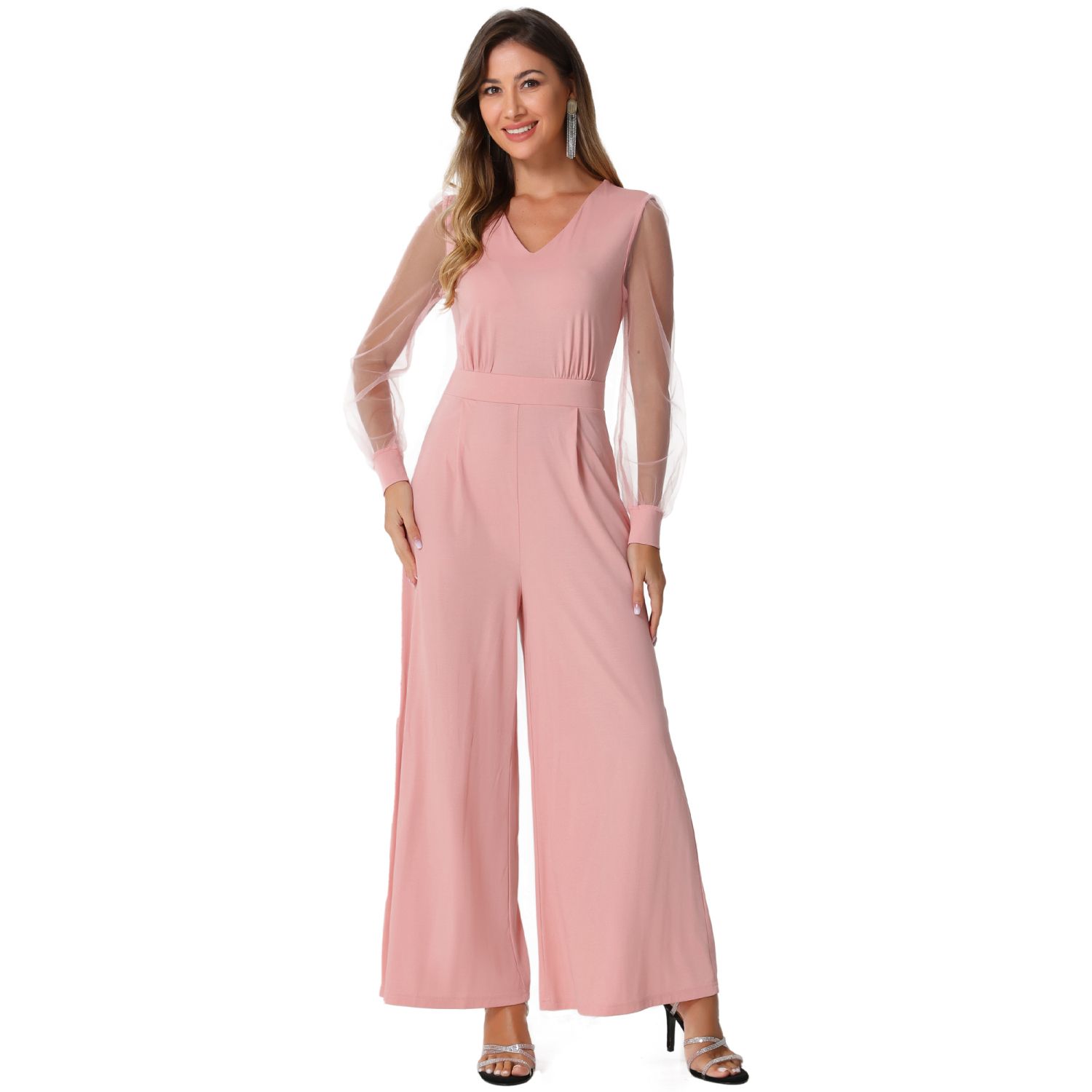 Женские комбинезоны V Neck Mesh Long Sleeve Loose Wide Leg Romper Party Jumpsuits