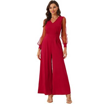 Women's V Neck Mesh Long Sleeve Loose Wide Leg Romper Party Jumpsuits