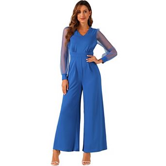 Women's V Neck Mesh Long Sleeve Loose Wide Leg Romper Party Jumpsuits