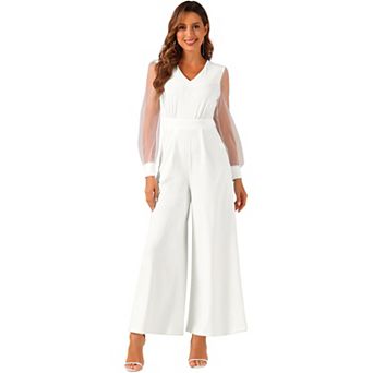 Women's V Neck Mesh Long Sleeve Loose Wide Leg Romper Party Jumpsuits