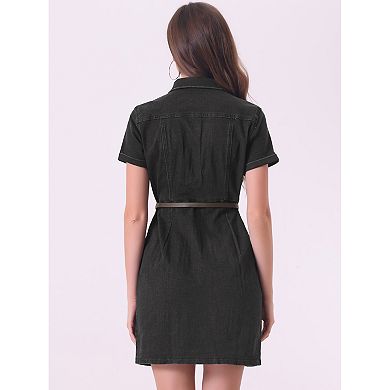 Women's Denim Shirt Dress Collar Short Sleeve Belted Button Up Jean Dress