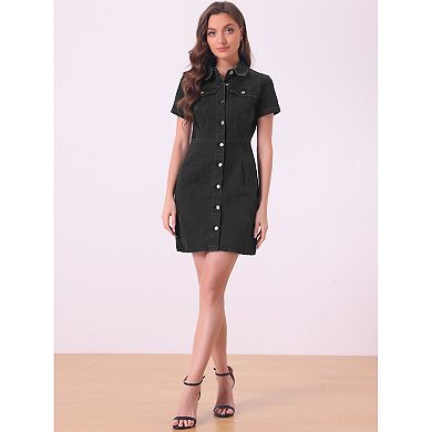 Women's Denim Shirt Dress Collar Short Sleeve Belted Button Up Jean Dress