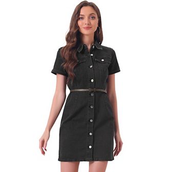 Women's Denim Shirt Dress Collar Short Sleeve Belted Button Up Jean Dress