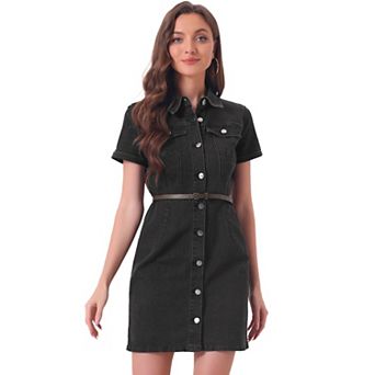 Women's Denim Shirt Dress Collar Short Sleeve Belted Button Up Jean Dress