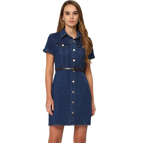 Women's Denim Shirt Dress Collar Short Sleeve Belted Button Up Jean Dress