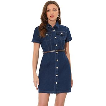 Women's Denim Shirt Dress Collar Short Sleeve Belted Button Up Jean Dress