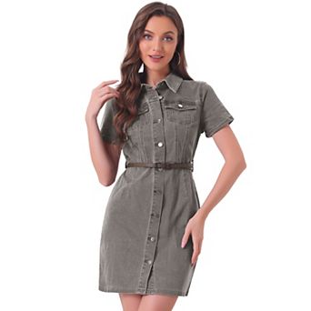 Women's Denim Shirt Dress Collar Short Sleeve Belted Button Up Jean Dress
