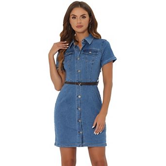 Women's Denim Shirt Dress Collar Short Sleeve Belted Button Up Jean Dress