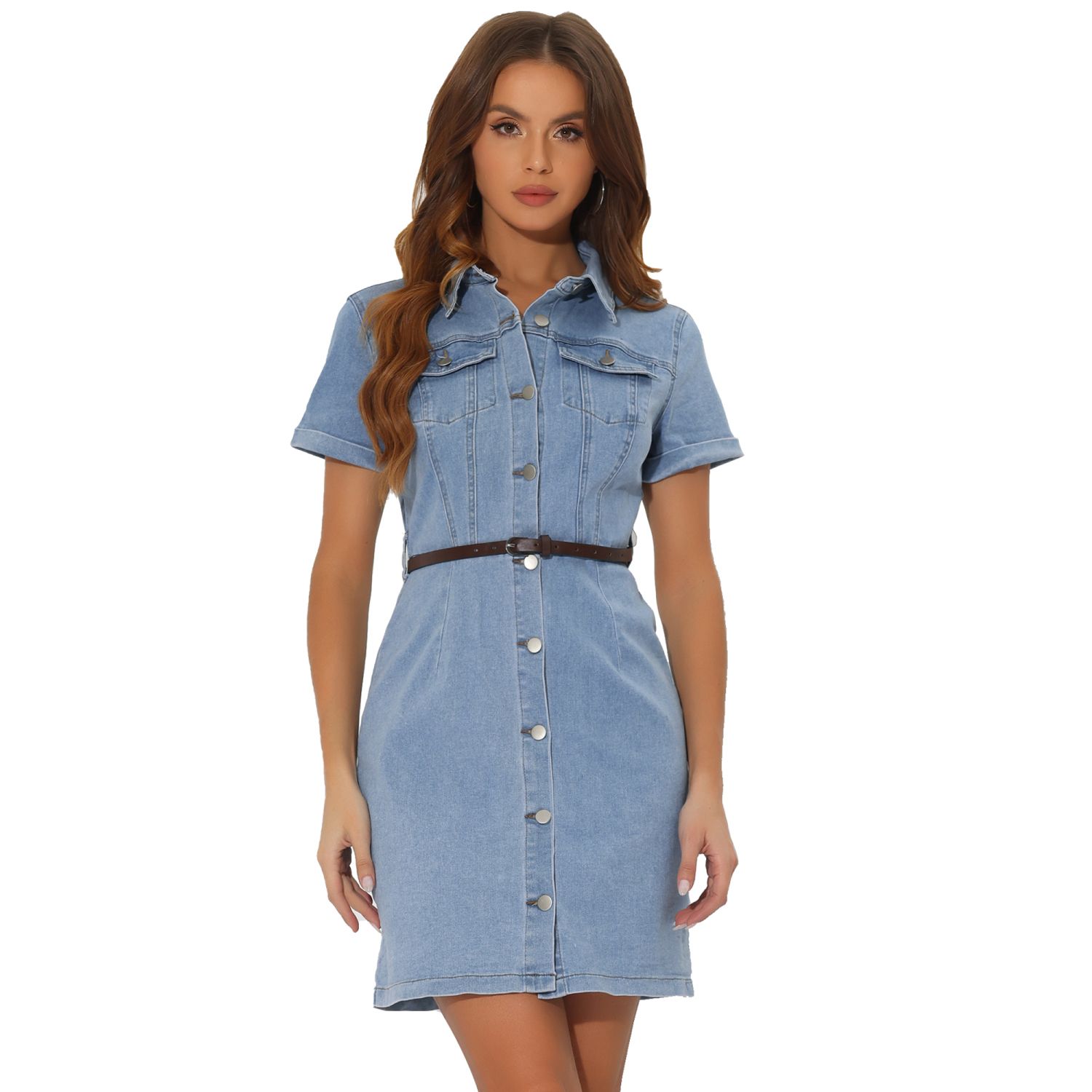 Women's Denim Shirt Dress Collar Short Sleeve Belted Button Up Jean Dress