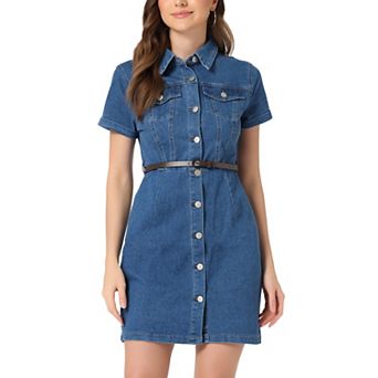 Women's Denim Shirt Dress Collar Short Sleeve Belted Button Up Jean Dress