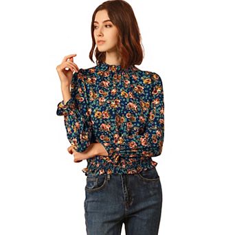 Women's Smocked Waist Ruffled Hem Stand Collar Floral Dotted Blouse