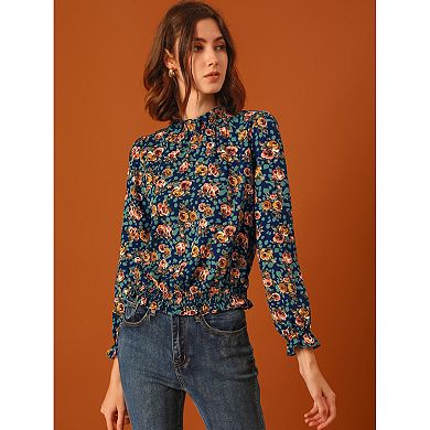 Women's Smocked Waist Ruffled Hem Stand Collar Floral Dotted Blouse