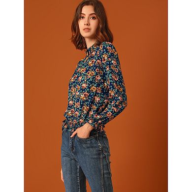 Women's Smocked Waist Ruffled Hem Stand Collar Floral Dotted Blouse