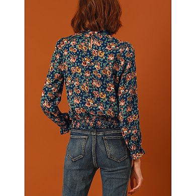 Women's Smocked Waist Ruffled Hem Stand Collar Floral Dotted Blouse