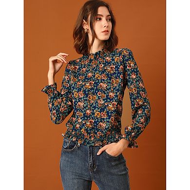 Women's Smocked Waist Ruffled Hem Stand Collar Floral Dotted Blouse