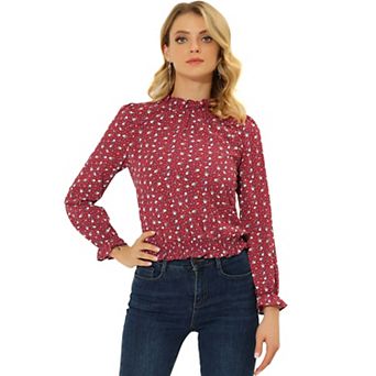 Women's Smocked Waist Ruffled Hem Stand Collar Floral Dotted Blouse