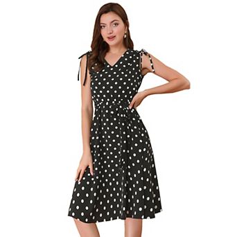 Women's V-Neck Vintage Polka Dots Tie Waist Sleeveless Dress