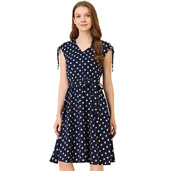 Women's V-Neck Vintage Polka Dots Tie Waist Sleeveless Dress