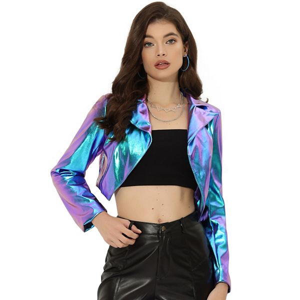 Holographic Shiny for Women Long Sleeve Metallic Fashion Lapel PU Jacket