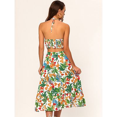 Women s Tropical Summer Floral Sundress Cutout Waist Midi Dress