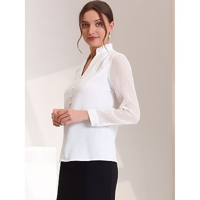 Women's Ruffle High Neck Shirt Button Decor Sheer Long Sleeve Blouse Tops