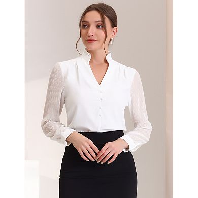 Women's Ruffle High Neck Shirt Button Decor Sheer Long Sleeve Blouse Tops