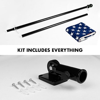 G128 Combo Set: Flag Pole Black + Bracket 1PK AND American Emb 220G Embroidered Spun Polyester Flag