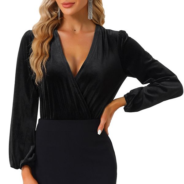 Womens Velvet Deep V Neck Long Sleeve Bodysuit Blouse Casual Tops