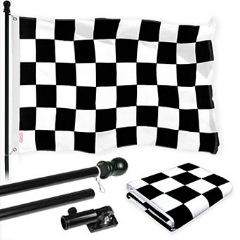 G128 Combo Set: Flag Pole Black + Bracket 1 pk AND Checkered Flag 150D 1 pk