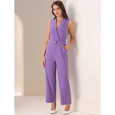 Women's Sleeveless Shawl Collar Office Belted Cropped Jumpsuit Romper