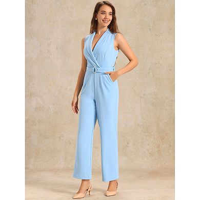 Women's Sleeveless Shawl Collar Office Belted Cropped Jumpsuit Romper